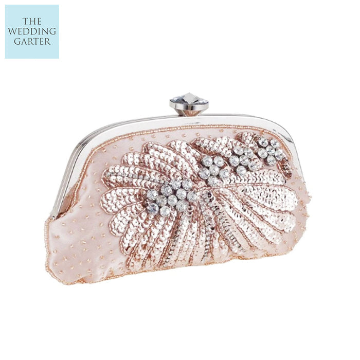 Blush Satin Rhinestone Beaded Evening Purse - The Wedding Garter