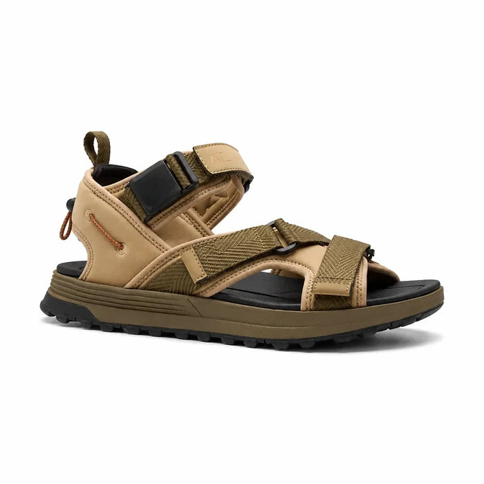 Mens leather and textile sandals with tan straps, olive accents, and rubber outsole