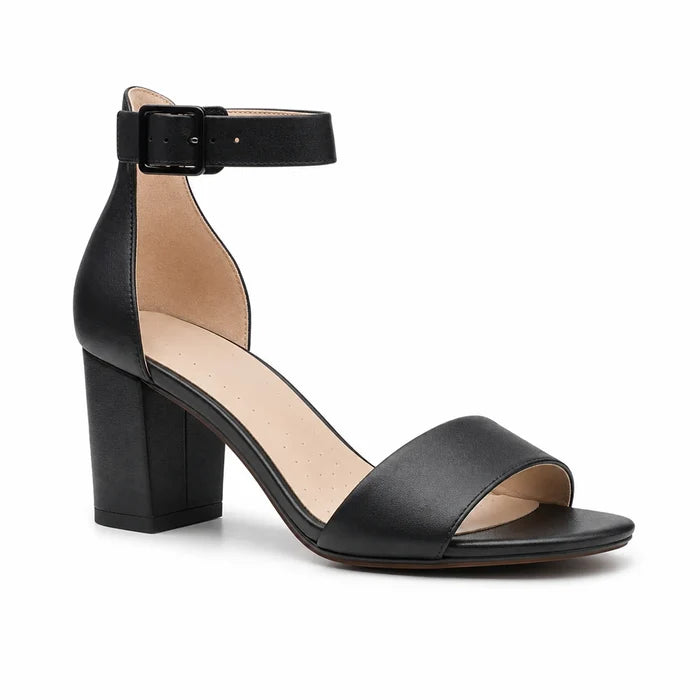 Women's black leather heeled sandals with ankle strap buckle and open toe