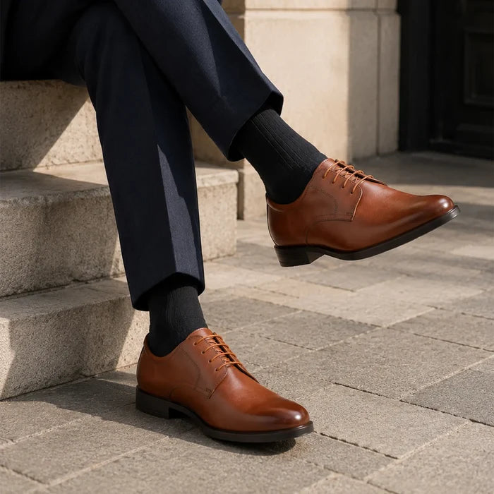 Men's brown leather dress shoes, lace-up oxford with low block heel
