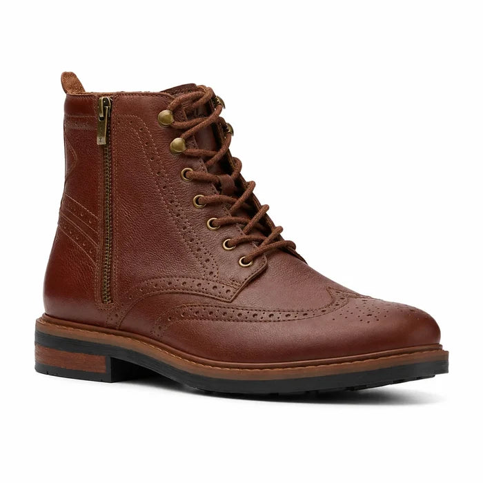Men's brown leather lace-up ankle boots with side zipper and rugged sole