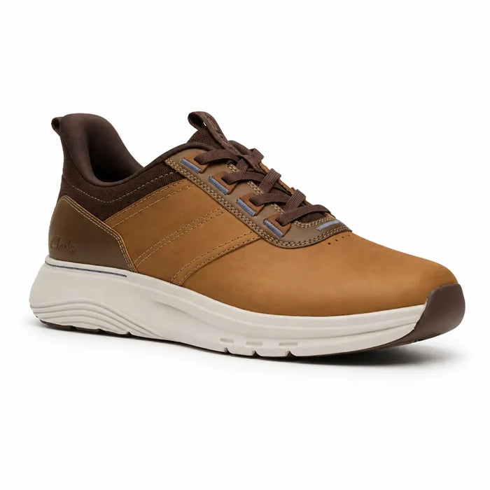 Men's tan and dark-brown lace-up walking sneakers with cushioned white sole