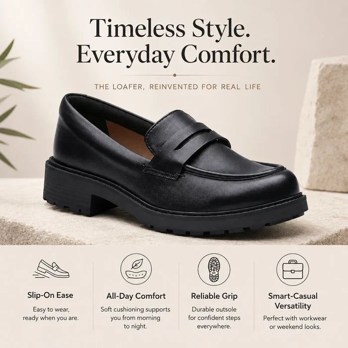 Women's black leather penny loafers with classic penny strap and textured rubber sole