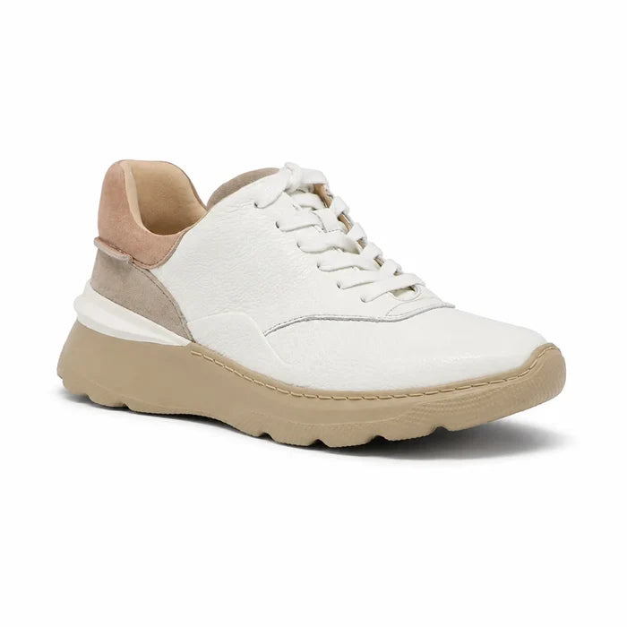 Women's lace-up sneakers in white leather with beige lining and chunky rubber sole