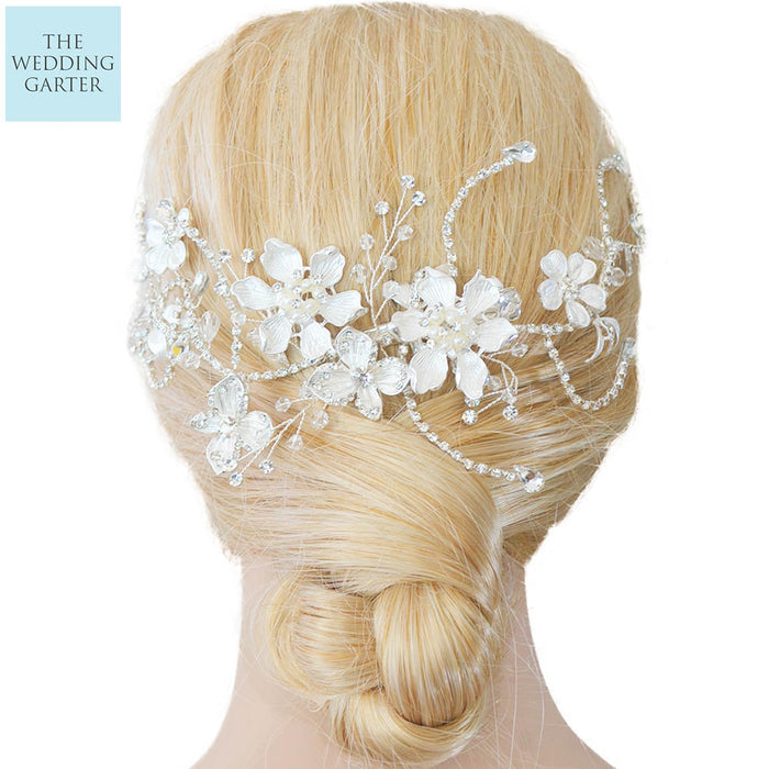 Extravagant Silver Pearl & Crystal Bridal Headpiece Vine - The Wedding Garter