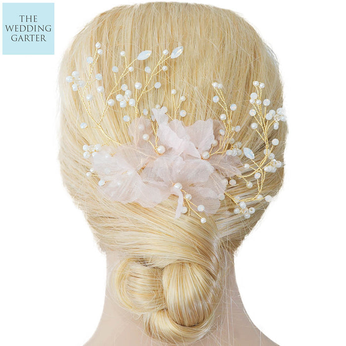 Gold & Pink Organza Flowers Wedding Hair Accessories - The Wedding Garter