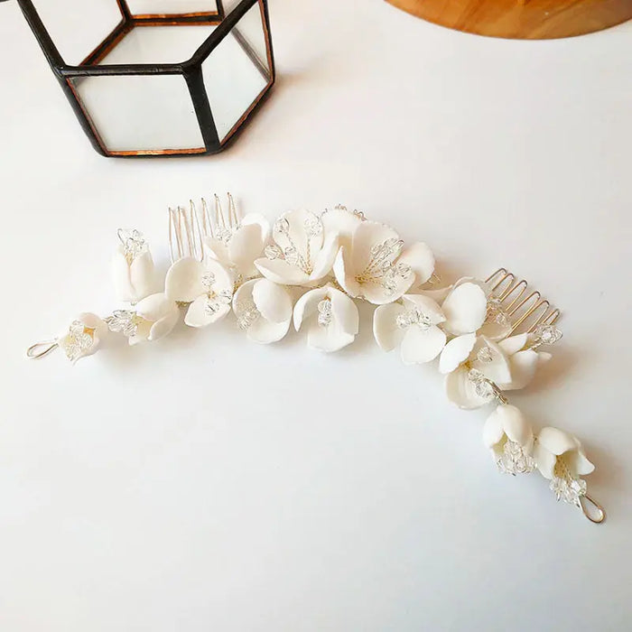 Ivory Porcelain Flowers & Gold Bridal Hair Piece - The Wedding Garter