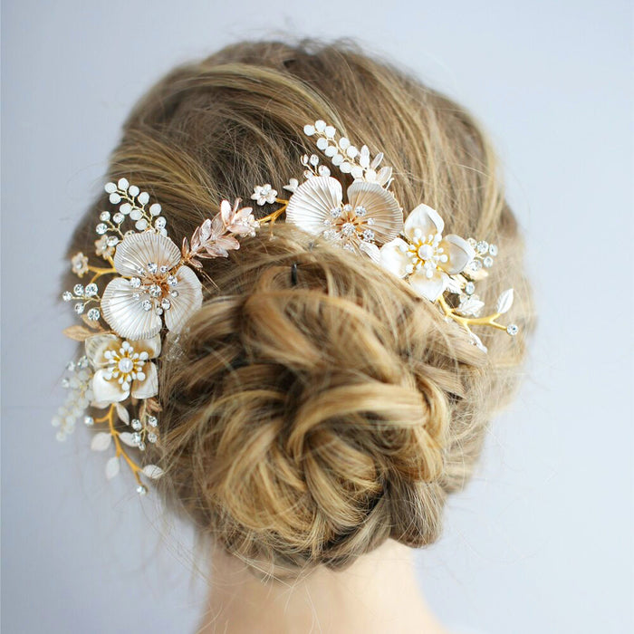 Luxury Gold & Blush Pink Bridal Head Piece Comb - The Wedding Garter