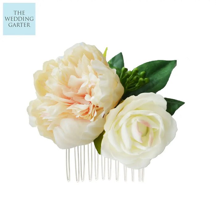 Peach Peony & Ivory Rose Hair Flowers For Hair Accessories - The Wedding Garter