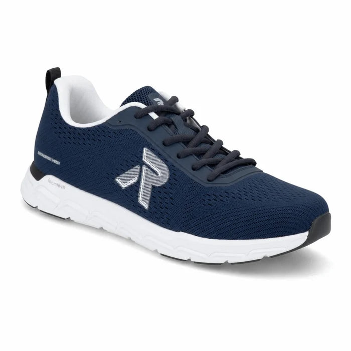 Men's blue knit sneakers with lace-up front and white cushioned sole