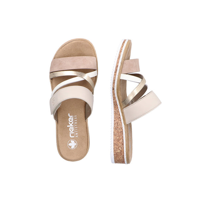 Women's slide sandals, hook-and-loop straps in beige and white with cork platform