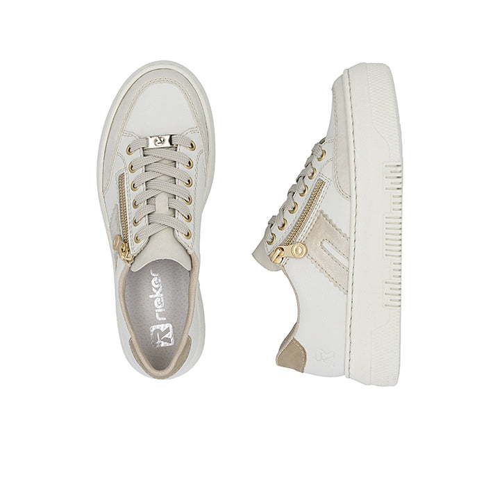 Low-top lace-up sneakers, white uppers with beige zipper detail and textured rubber sole