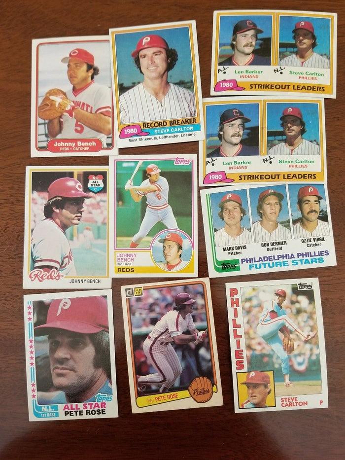 Set of 10 Baseball cards including Pete Rose Johnny Bench & Steve Carlton 1980s - Diamonds Sapphires Rubies Emeralds