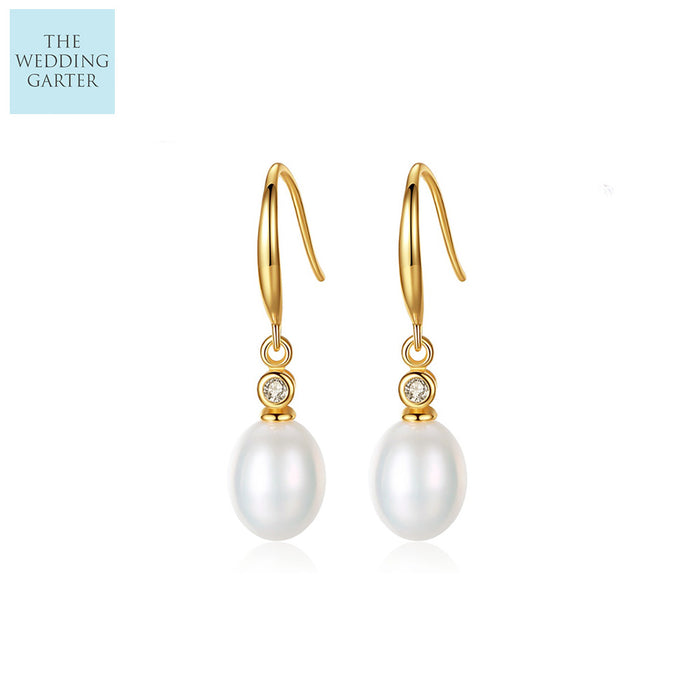 Simple Tahitian White Pearl Gold Drop Wedding Earrings - The Wedding Garter