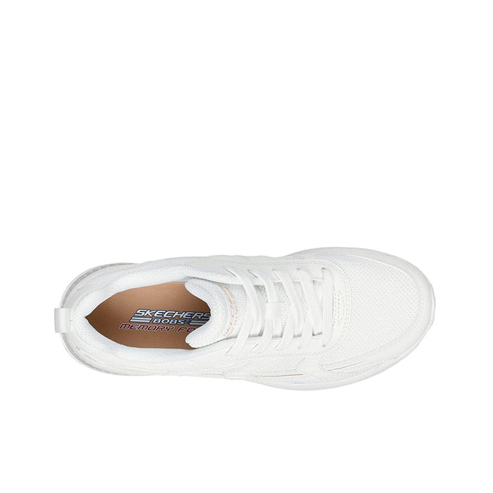 Women's white trainer, top view with lace-up vamp and interior lining
