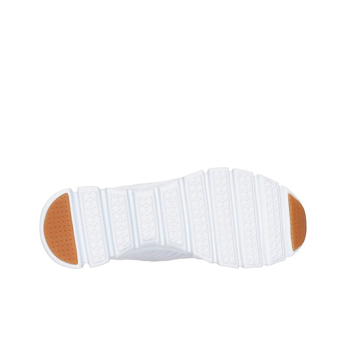 White Skechers sneaker outsole underside with textured tread and brown heel insert.