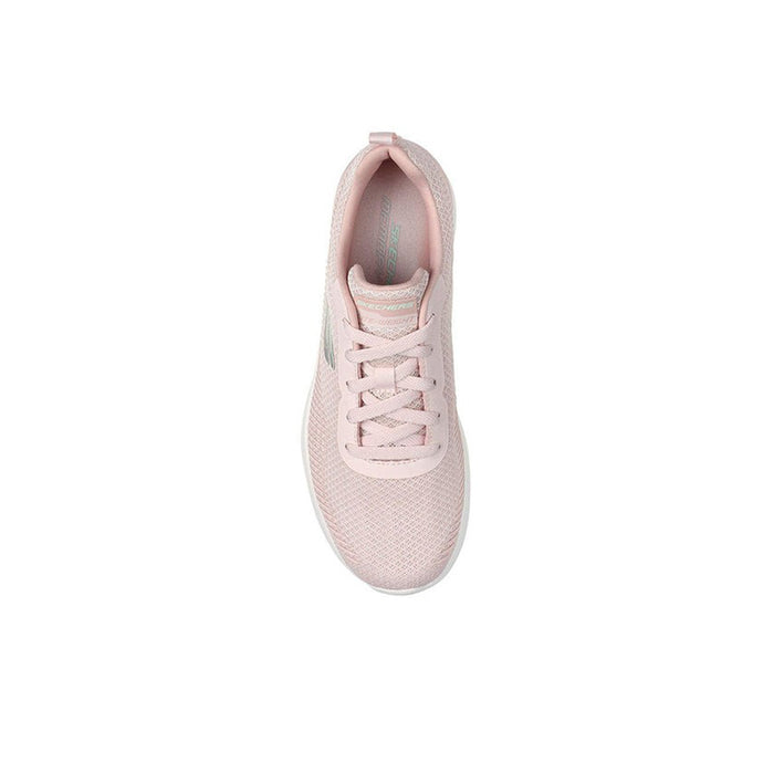 Light pink textile sneaker side view with lace-up front and white cushioned sole
