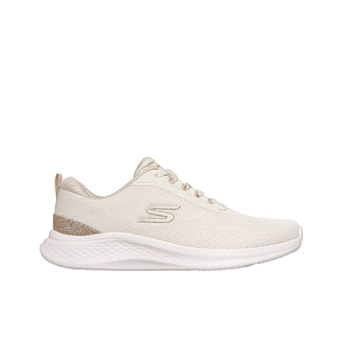 Women’s white lace-up sneakers with S logo and cushioned white sole.