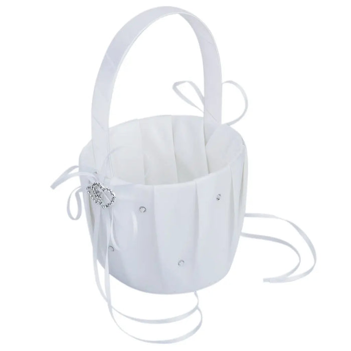 White Satin Crystal Embellished Flower Girl Basket For Wedding - The Wedding Garter