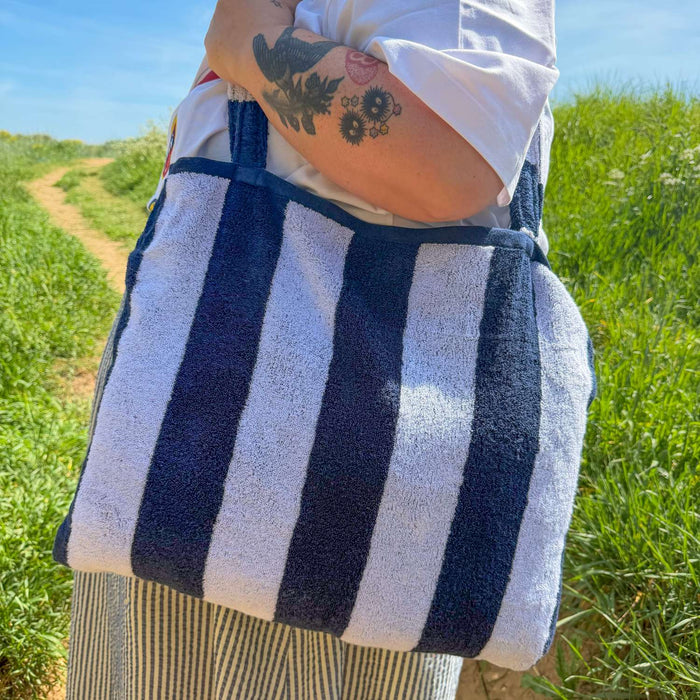 2-in-1 Beach Towel Bag - Navy and White Stripe