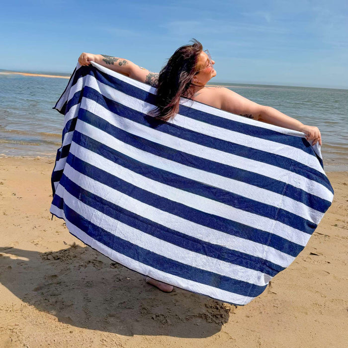 2-in-1 Beach Towel Bag - Navy and White Stripe