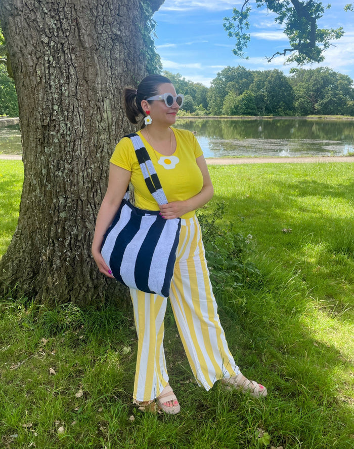 2-in-1 Beach Towel Bag - Navy and White Stripe
