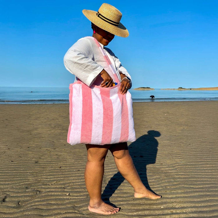 2-in-1 Beach Towel Bag - Pink and White Stripe