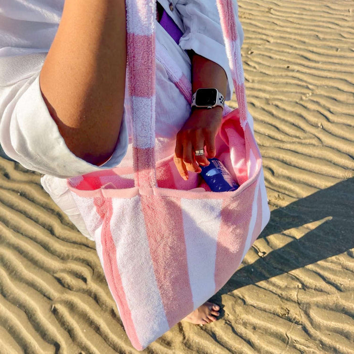 2-in-1 Beach Towel Bag - Pink and White Stripe