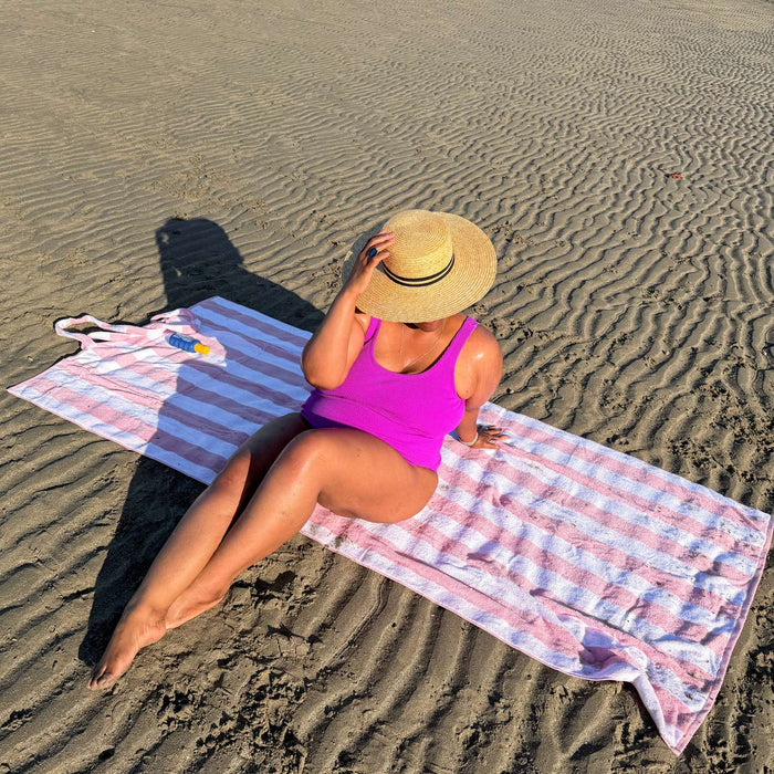 2-in-1 Beach Towel Bag - Pink and White Stripe