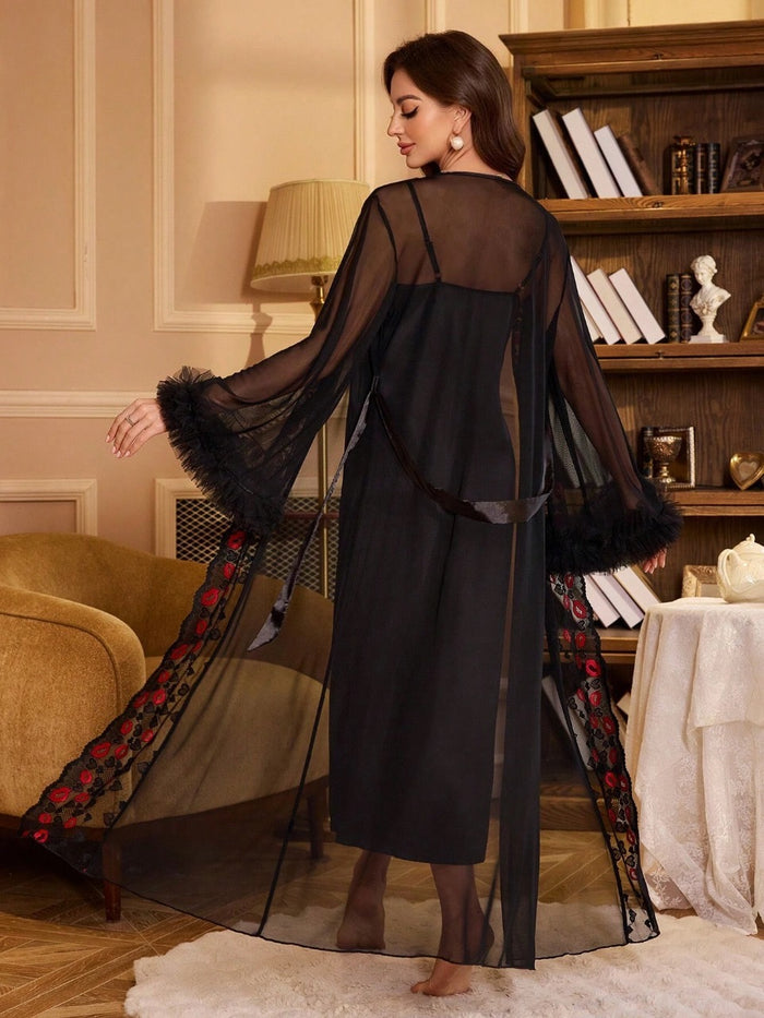 2pcs Set: Lace Splice Floral Lantern Sleeve Mesh Robe & Solid Faux Silk Nightgown