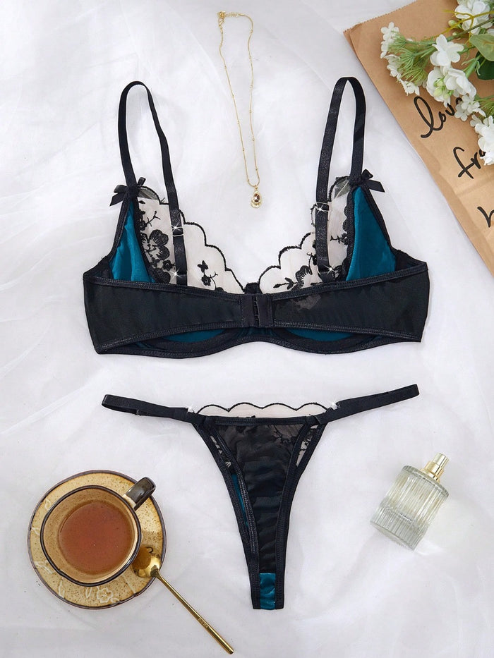 2pcs Women Elegant Floral Embroidery Mesh Lingerie Set