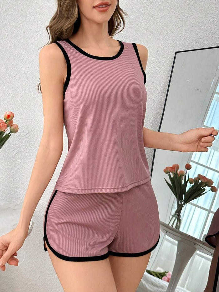 2pcs/Set Women Contrast Trim Casual Camisole & Shorts Pajama Set, Loungewear