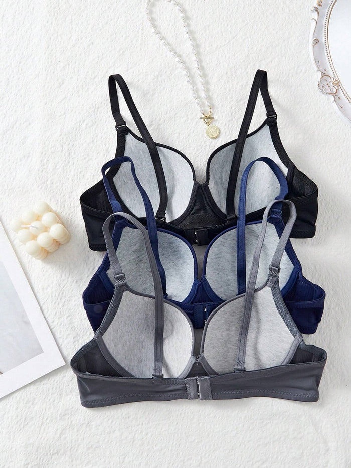 3PCS Comfortable Casual Wired Soft Cup Solid Bra, Lingerie