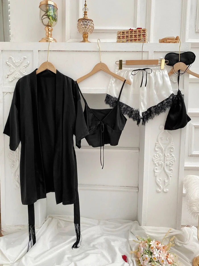 5pcs Contrast Eyelash Lace Tie Front Belted Satin PJ Set