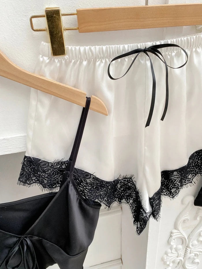 5pcs Contrast Eyelash Lace Tie Front Belted Satin PJ Set