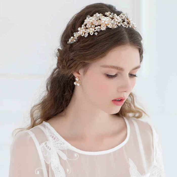 Amazing Gold Crystal Floral Bridal Headpiece Crown - The Wedding Garter
