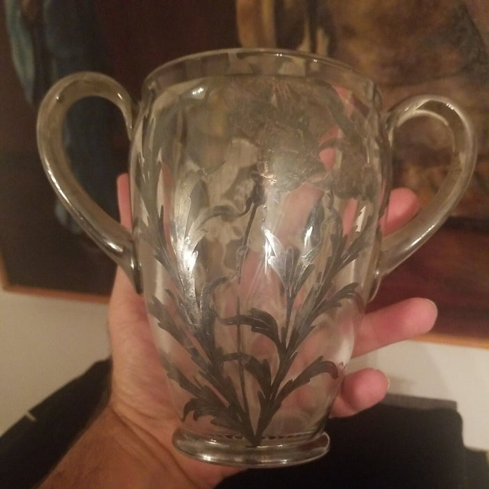 Antique Large Sterling silver Overlay Crystal Loving Cup #9408 - Diamonds Sapphires Rubies Emeralds