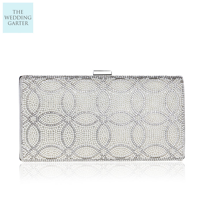 Beaded Pearl & Rhinestone Silver Evening Bag - The Wedding Garter