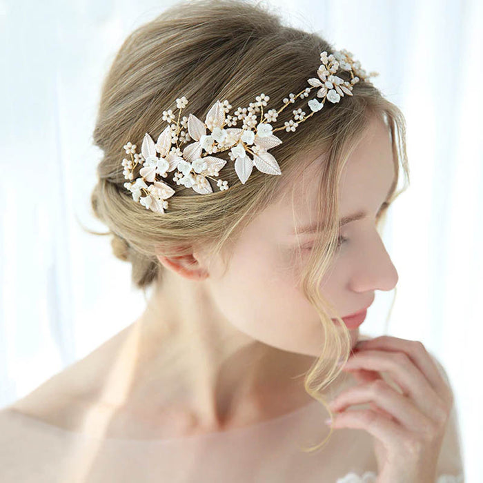Beautiful Floral Pale Pink & Gold Wedding Headband - The Wedding Garter