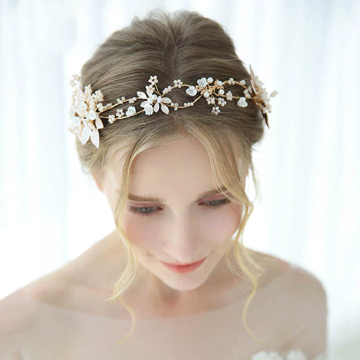 Beautiful Floral Pale Pink & Gold Wedding Headband - The Wedding Garter