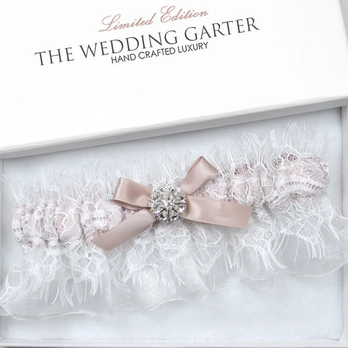 Belinda White Chantilly Lace Dusty Pink Bridal Garter - The Wedding Garter