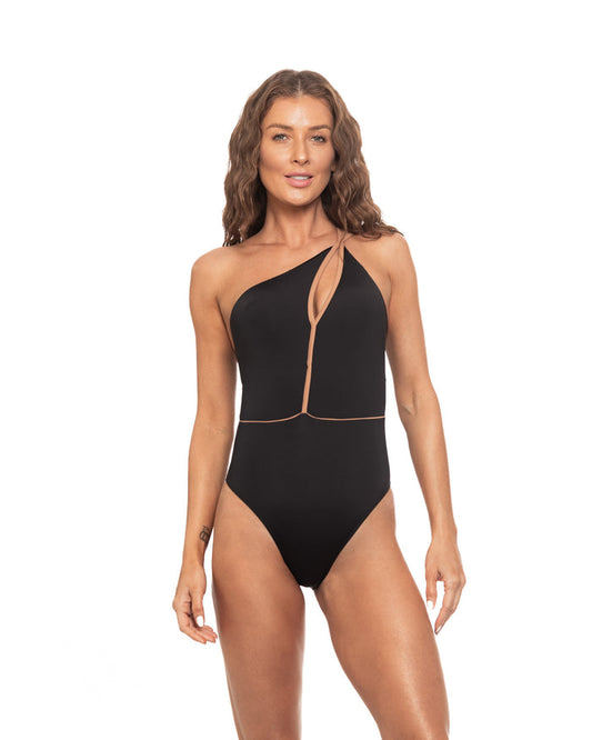 Black & Bronze - Constrast Detail - Cut-out One Shoulder One Piece Swimsuit Moderate & Brazilian Cuts
