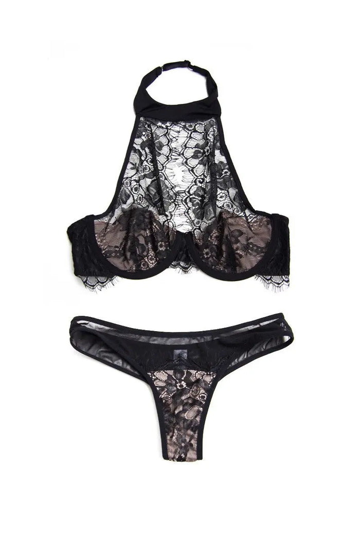 Black Eyelash Lace Haltereck Underwire Cup Bra Set - The Wedding Garter