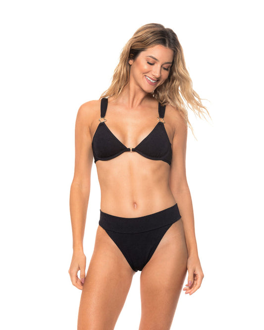 Black Leafy Texture Hoop Detail Underwire Bikini Top