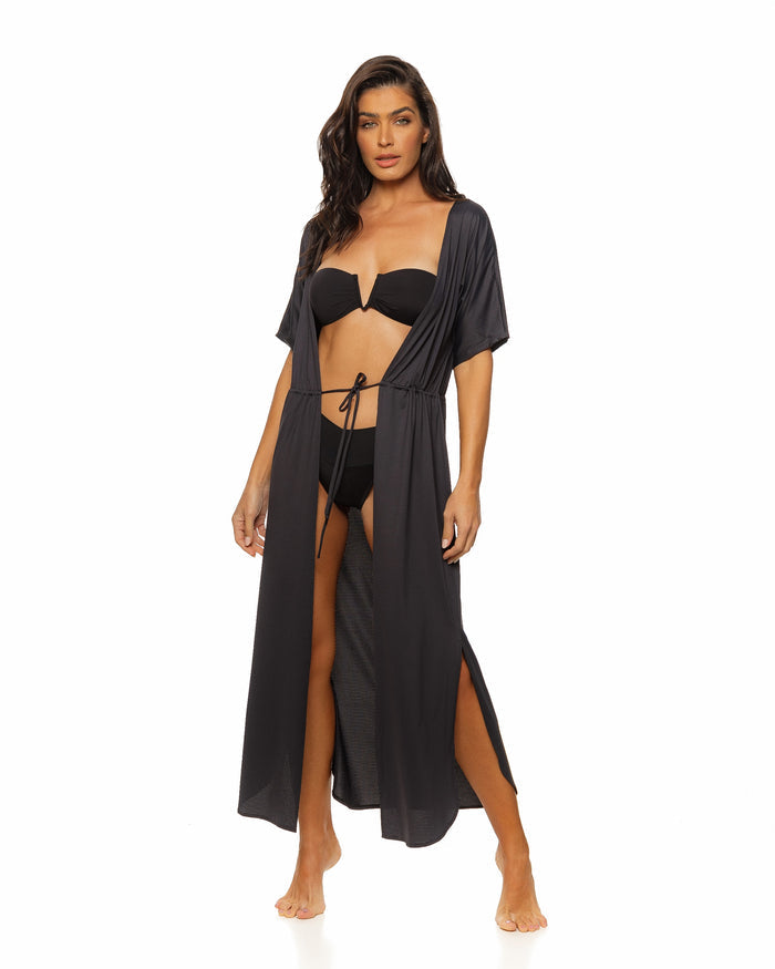 Black Tie Front Long Kimono Cover-up