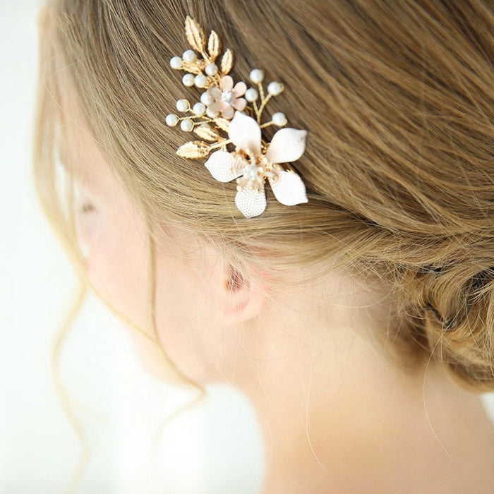 Blush Pink & Gold Floral Hair Clip - The Wedding Garter