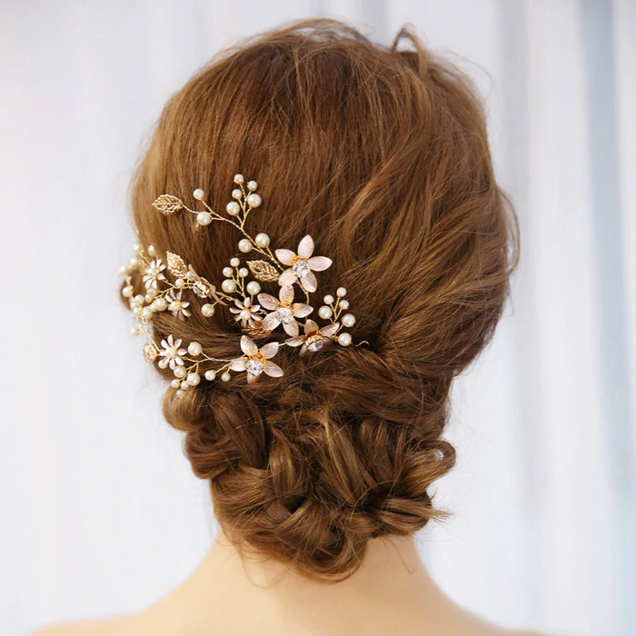 Blush Pink & Gold Flowers Wedding Hair Vine - The Wedding Garter