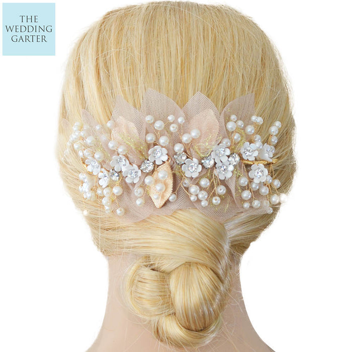 Blush Pink & Pearl Floral Gold Bridal Headpiece - The Wedding Garter