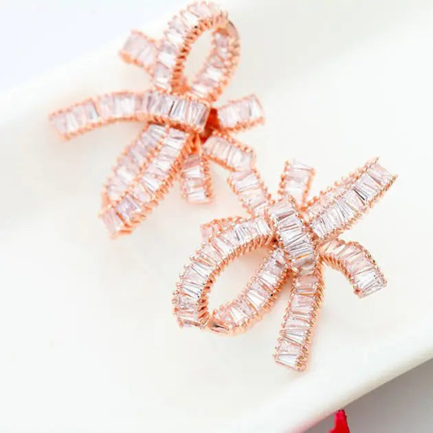 Bow Design Rose Gold Sparkling Cubic Zirconia Wedding Earrings - The Wedding Garter