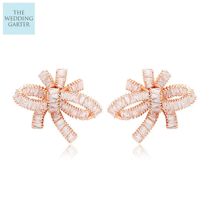 Bow Design Rose Gold Sparkling Cubic Zirconia Wedding Earrings - The Wedding Garter